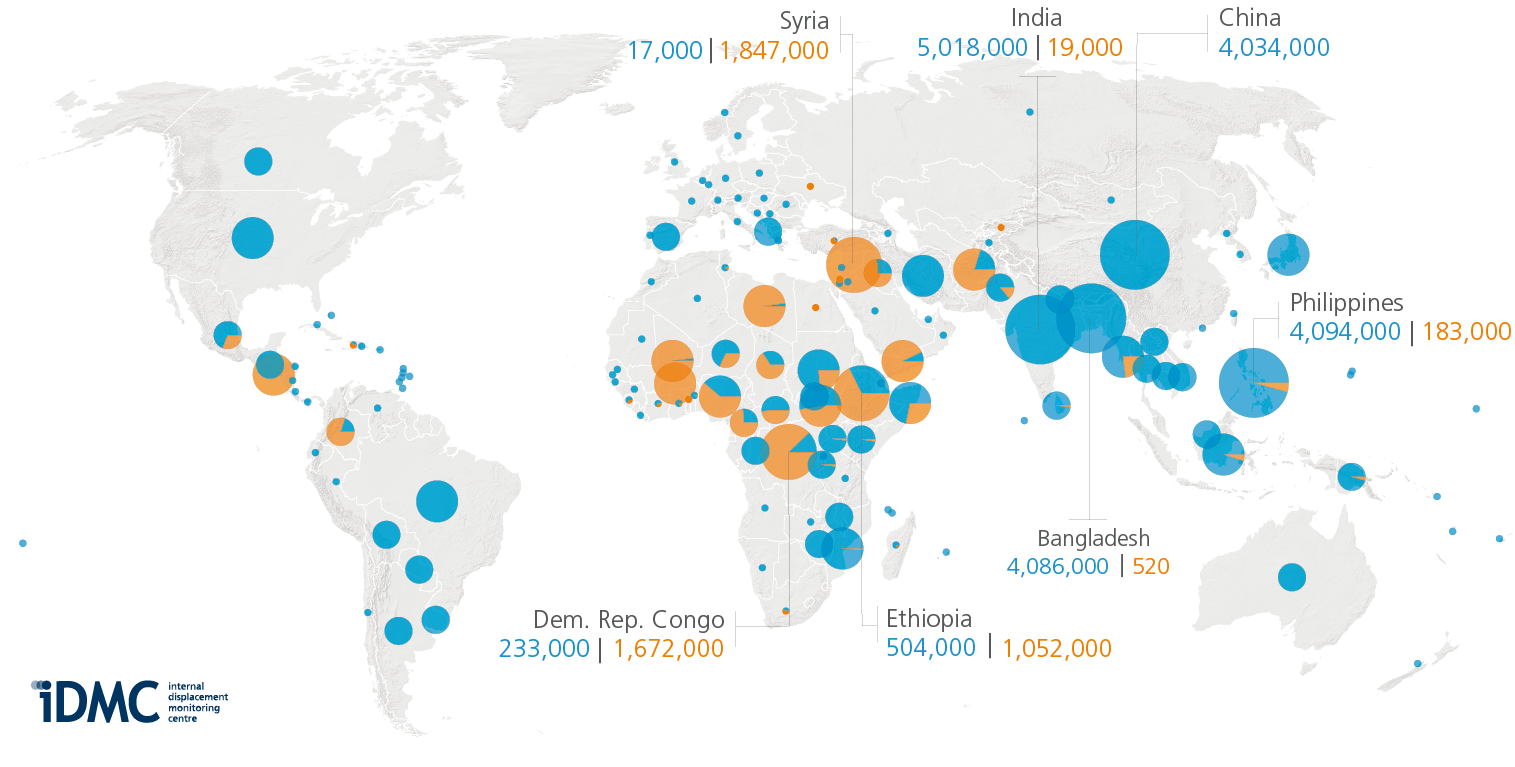 World map showing new displacement by conflict and disasters in 2019