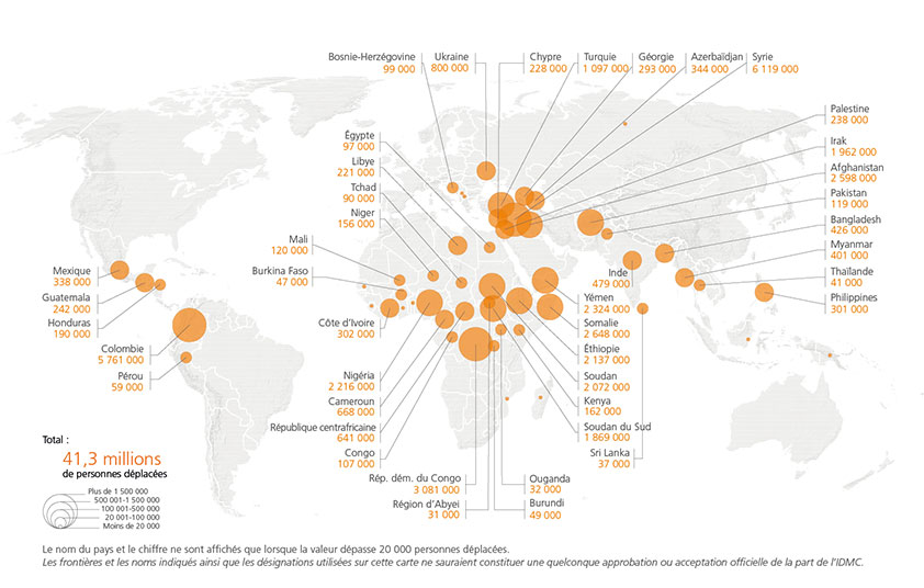 World map showing the number of people internally displaced by conflict and violence as of 31 December 2017