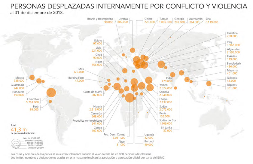 World map showing the number of people internally displaced by conflict and violence as of 31 December 2017