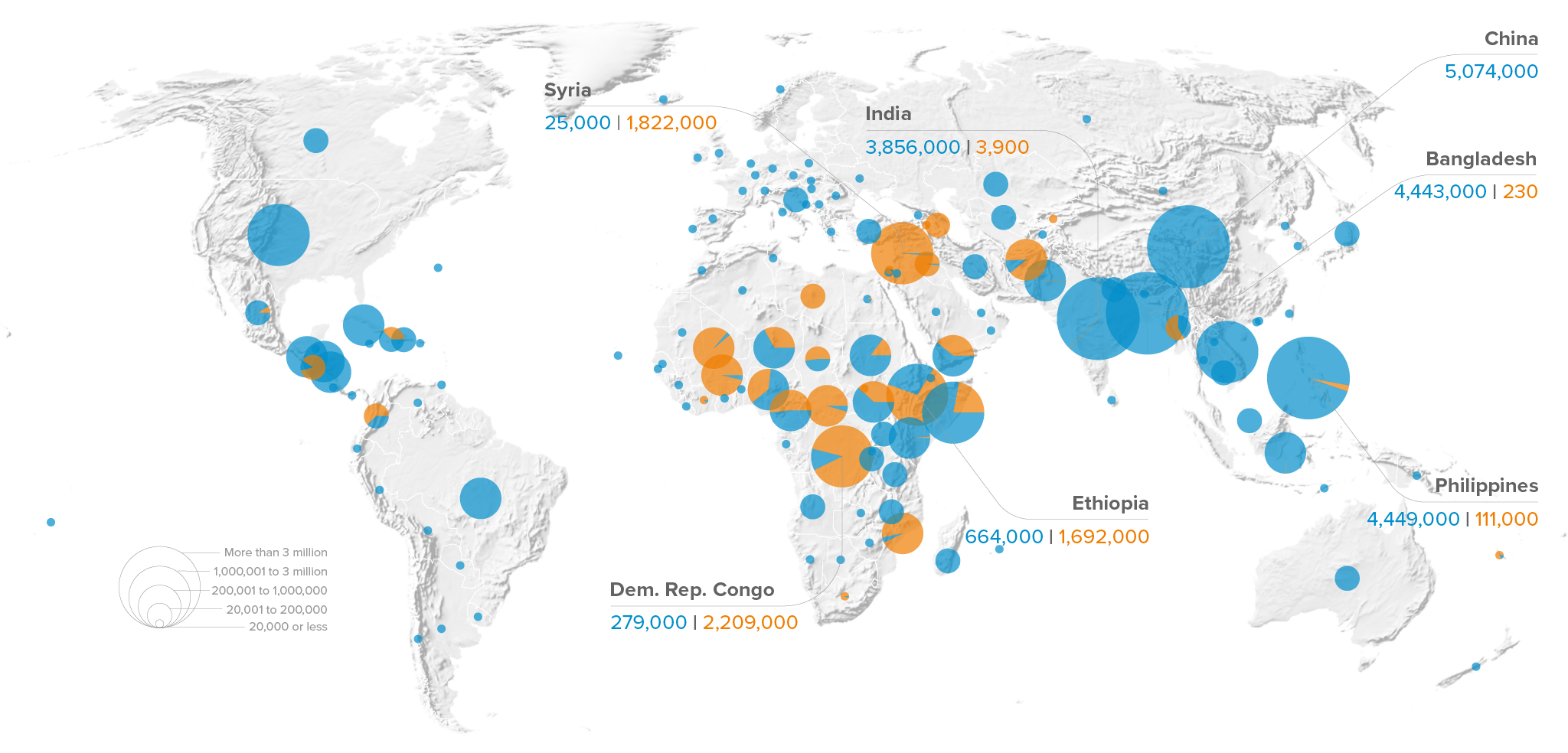 World map showing countries and territories with most new displacements in 2020