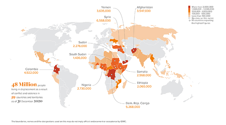 Personnes déplacées à cause de conflits et violences au 31 décembre 2020