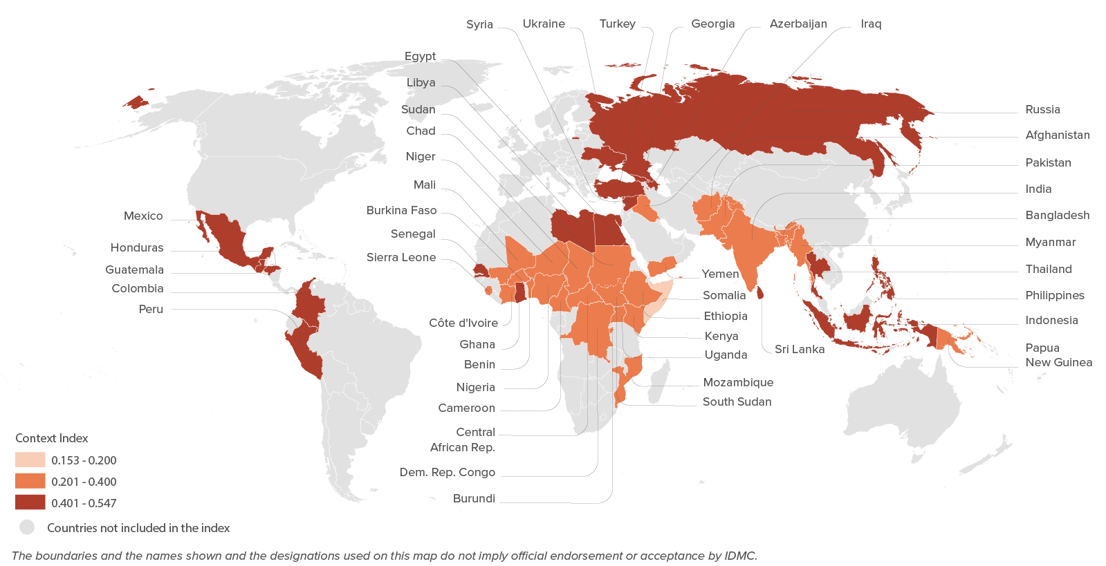 Impact values for 46 countries affected by both conflict and disaster displacement in 2020