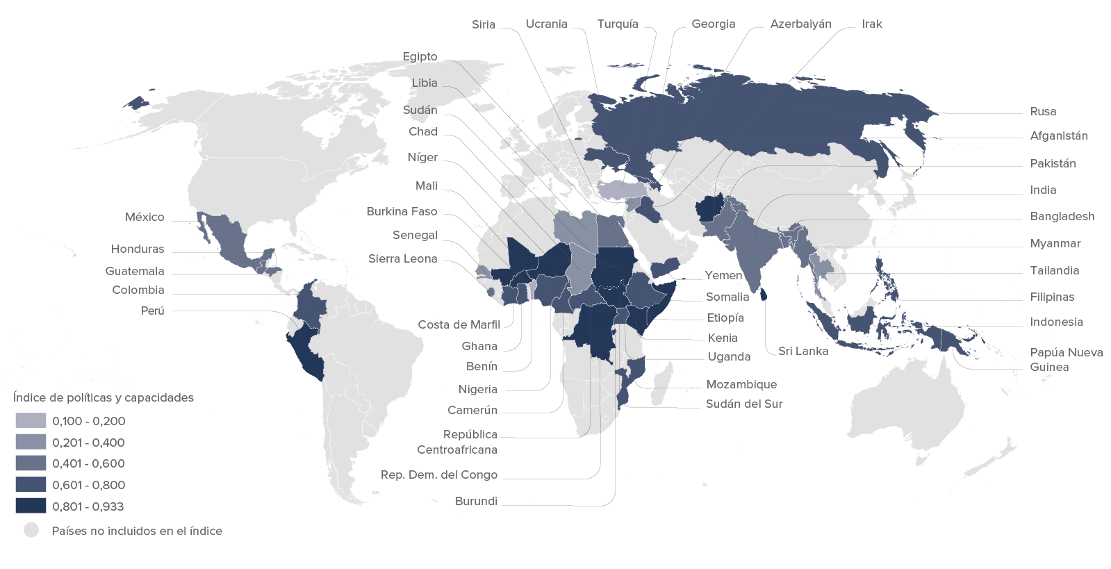 Policies and capacities values for 46 countries affected by both conflict and disaster displacement in 2020