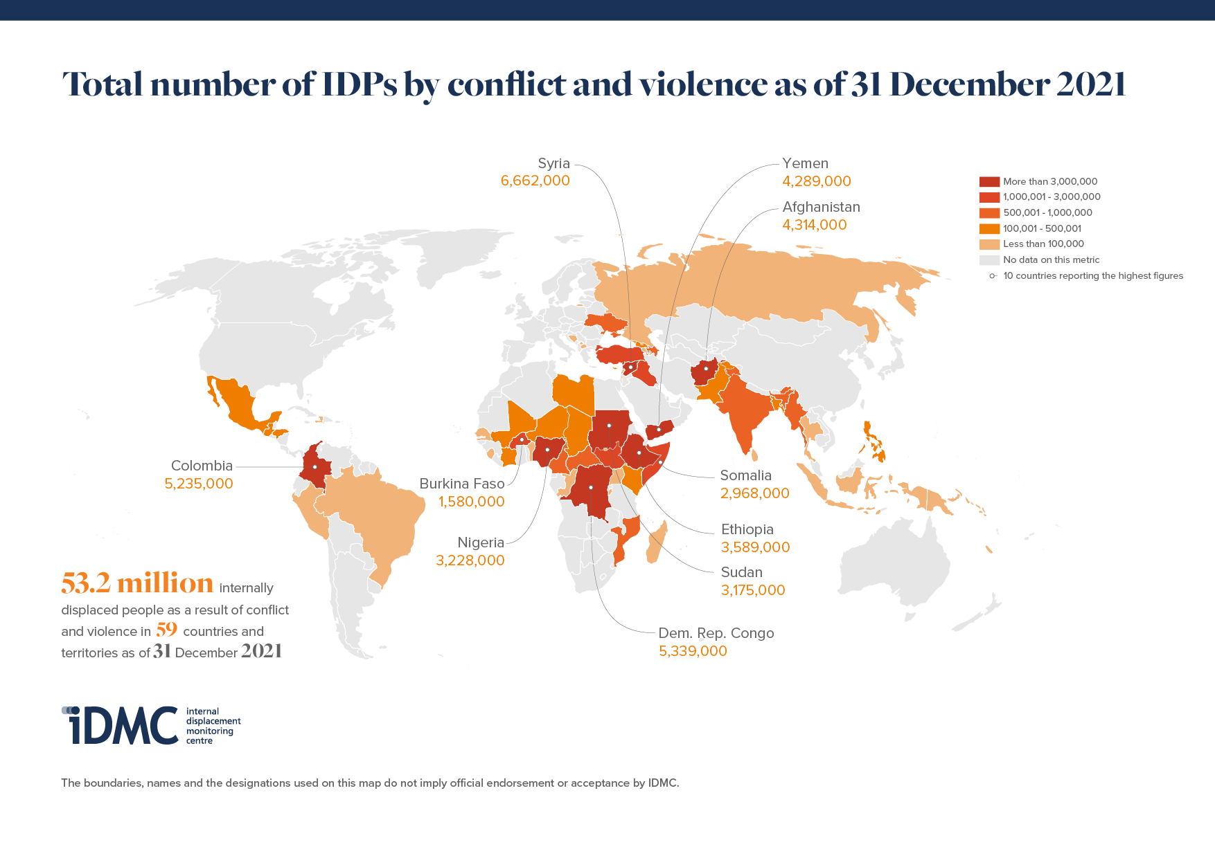 IDMC GRID2022 Total Number of IDPs by Conflict and Violence as of 31 Decemeber 2021