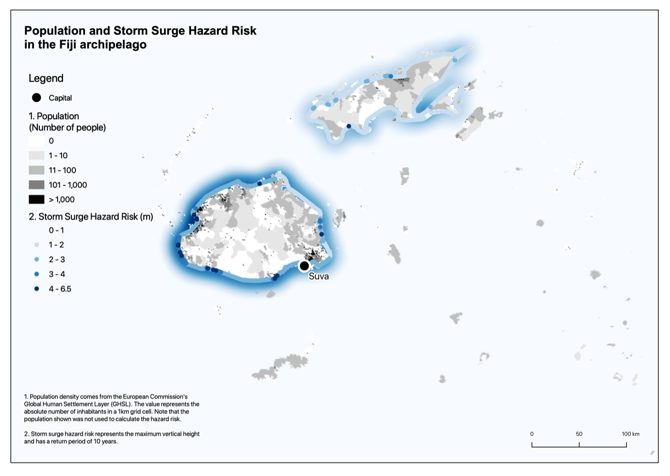 Population and storm surge hazard risk in the Fiji archipelago. Map: Fiji Risk Profile Sudden-Onset Hazards and the Risk of Future Displacement in Fiji. © IDMC