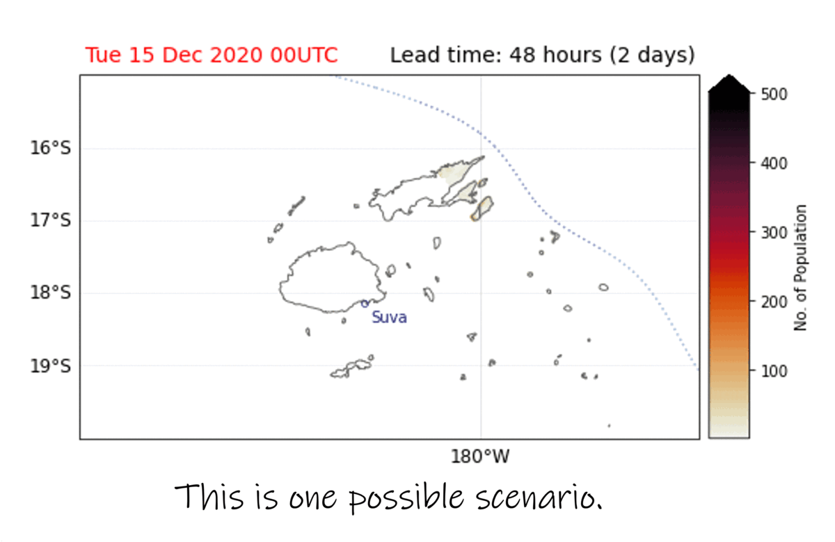 Figure 1: Number of people in Fiji who could potentially be affected by tropical cyclone Yasa, forecast two days before its landfall. Dotted lines represent the storm’s possible tracks from the European Centre for Medium-Range Forecast (ECMWF) 