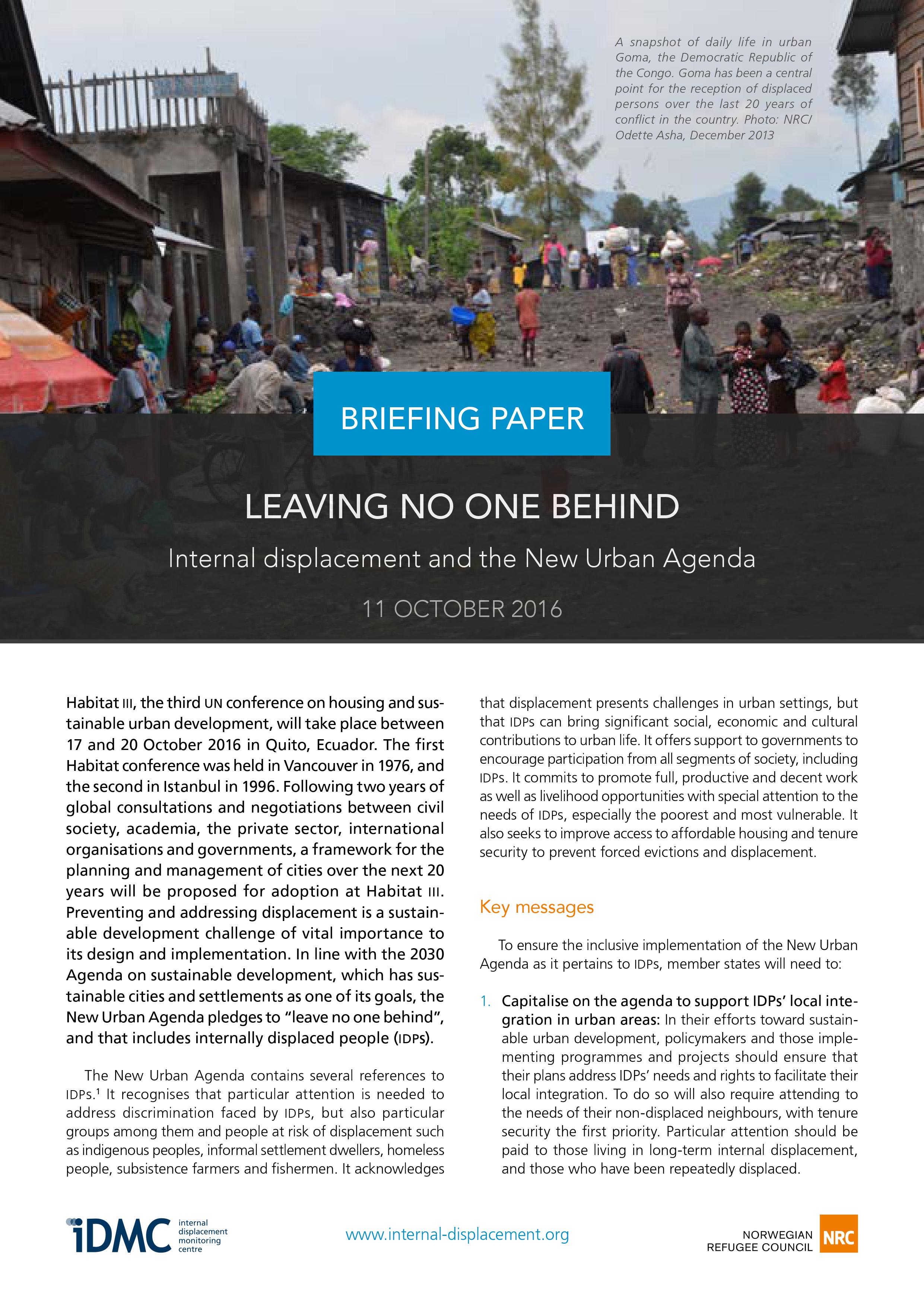 Leaving no one behind: internal displacement and the New Urban Agenda