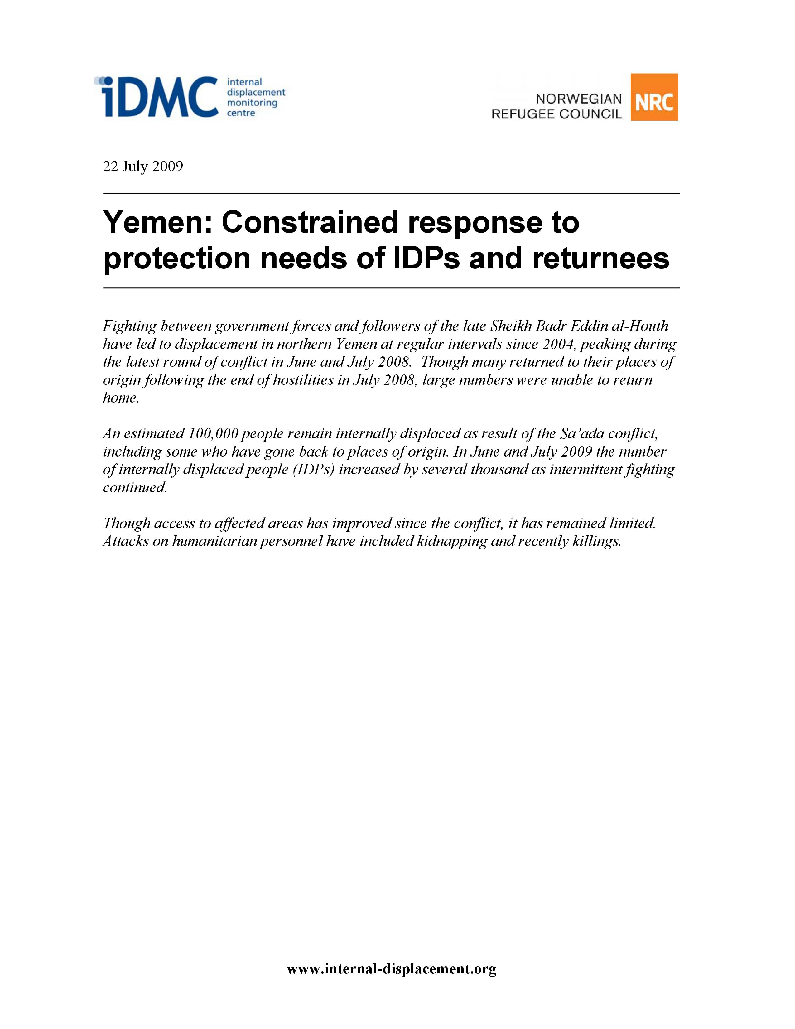 Yemen: Constrained response to protection needs of IDPs and returnees