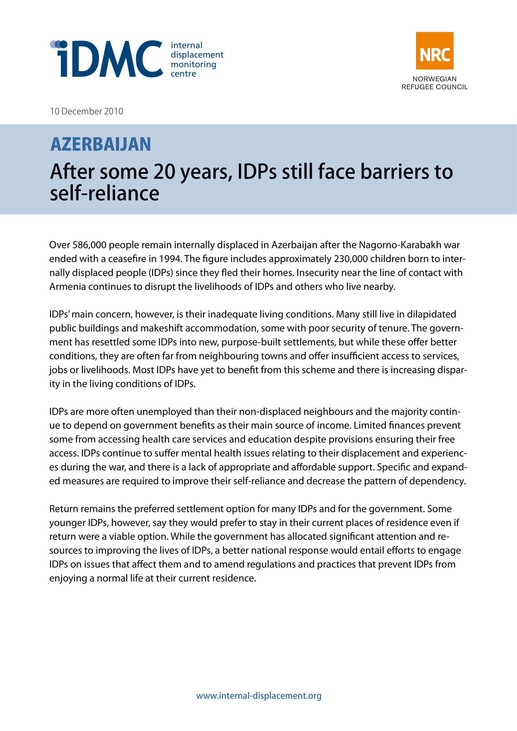 Azerbaijan: After some 20 years, IDPs still face barriers to self-reliance