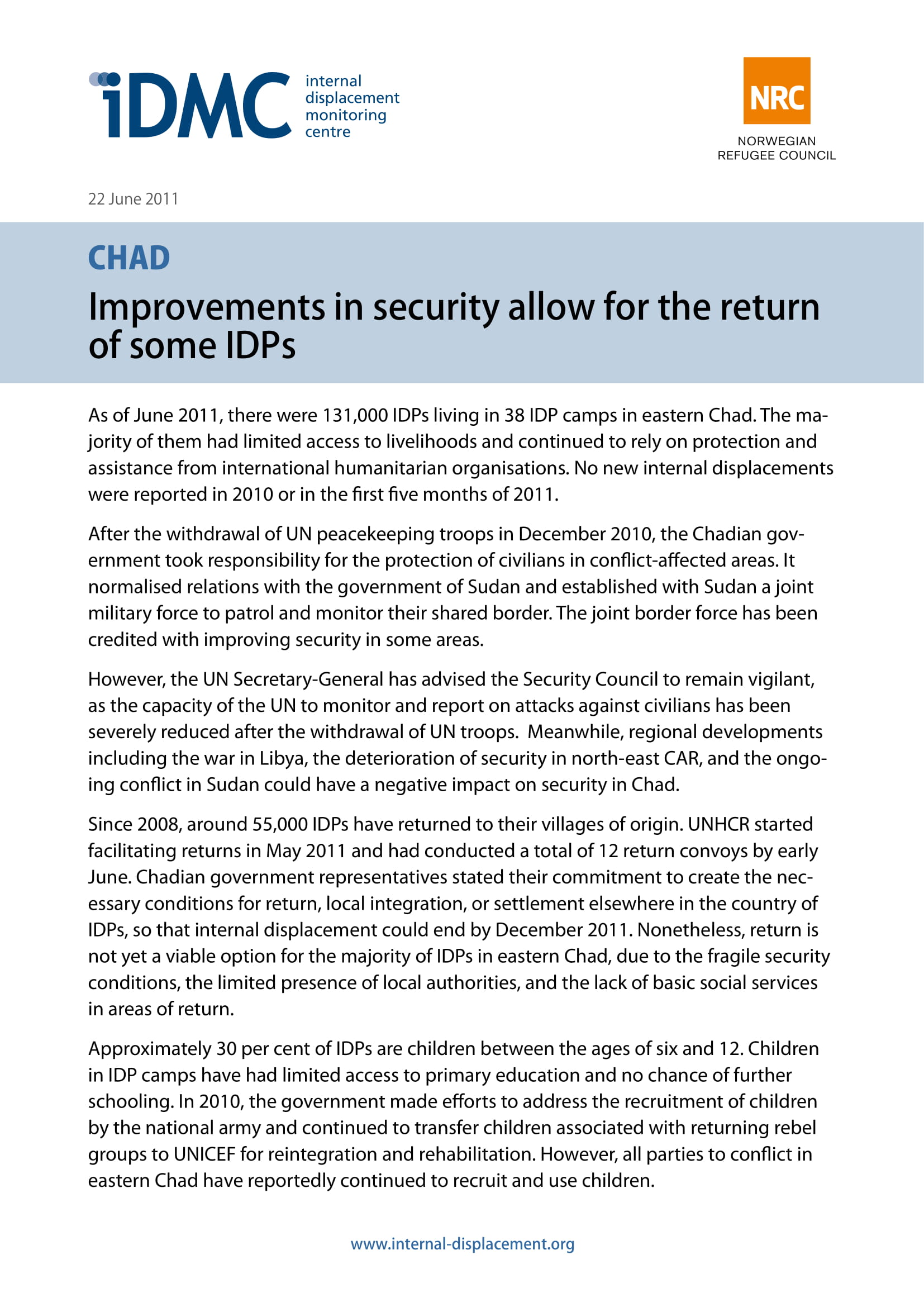 Chad: Improvements in security allow for the return of some IDPs