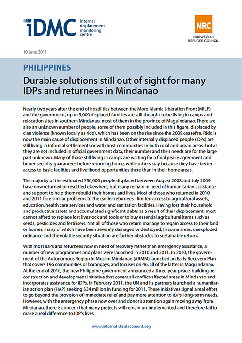 Philippines: Durable solutions still out of sight for many IDPs and returnees in Mindanao