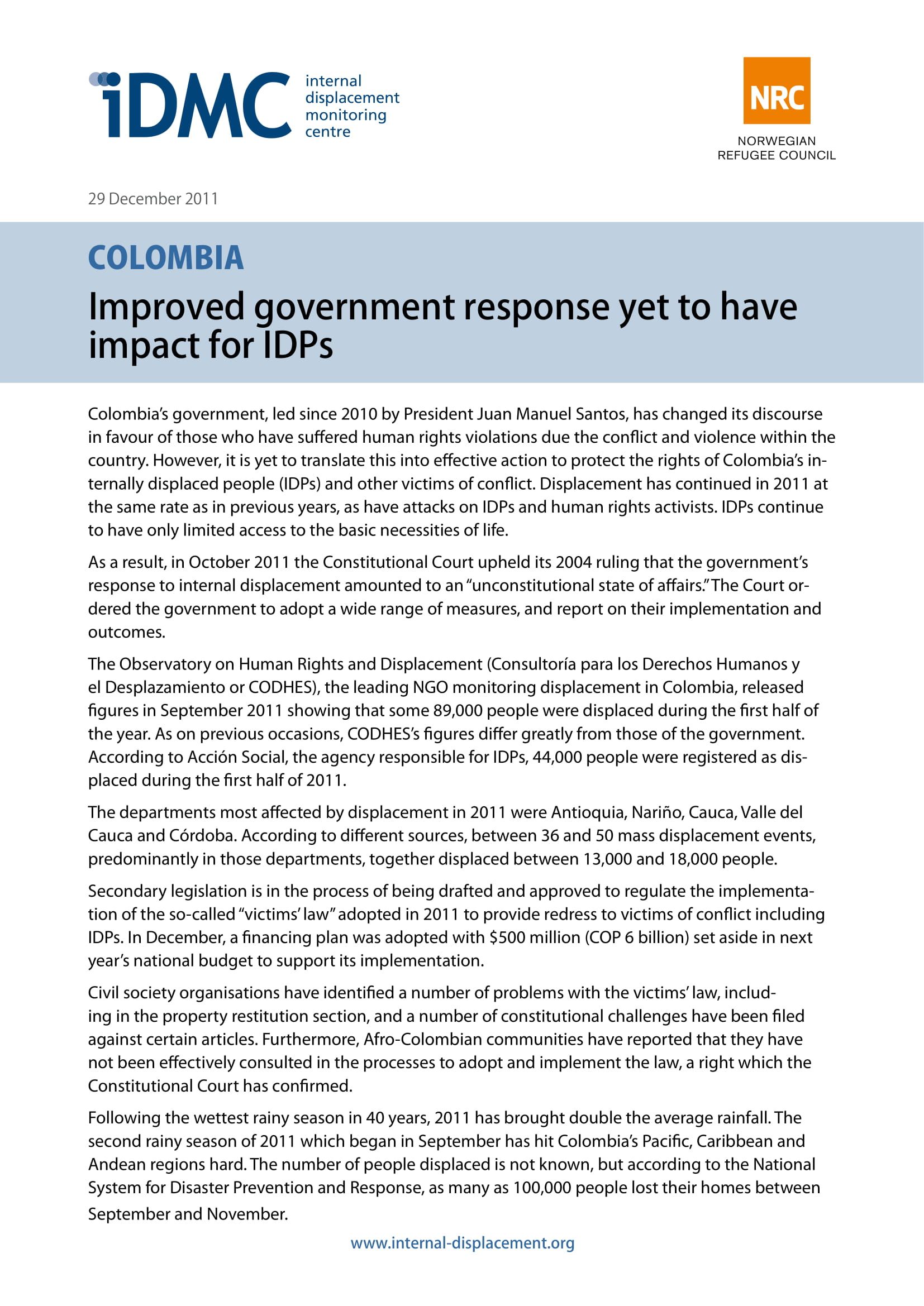 Colombia: Improved government response yet to have impact for IDPs