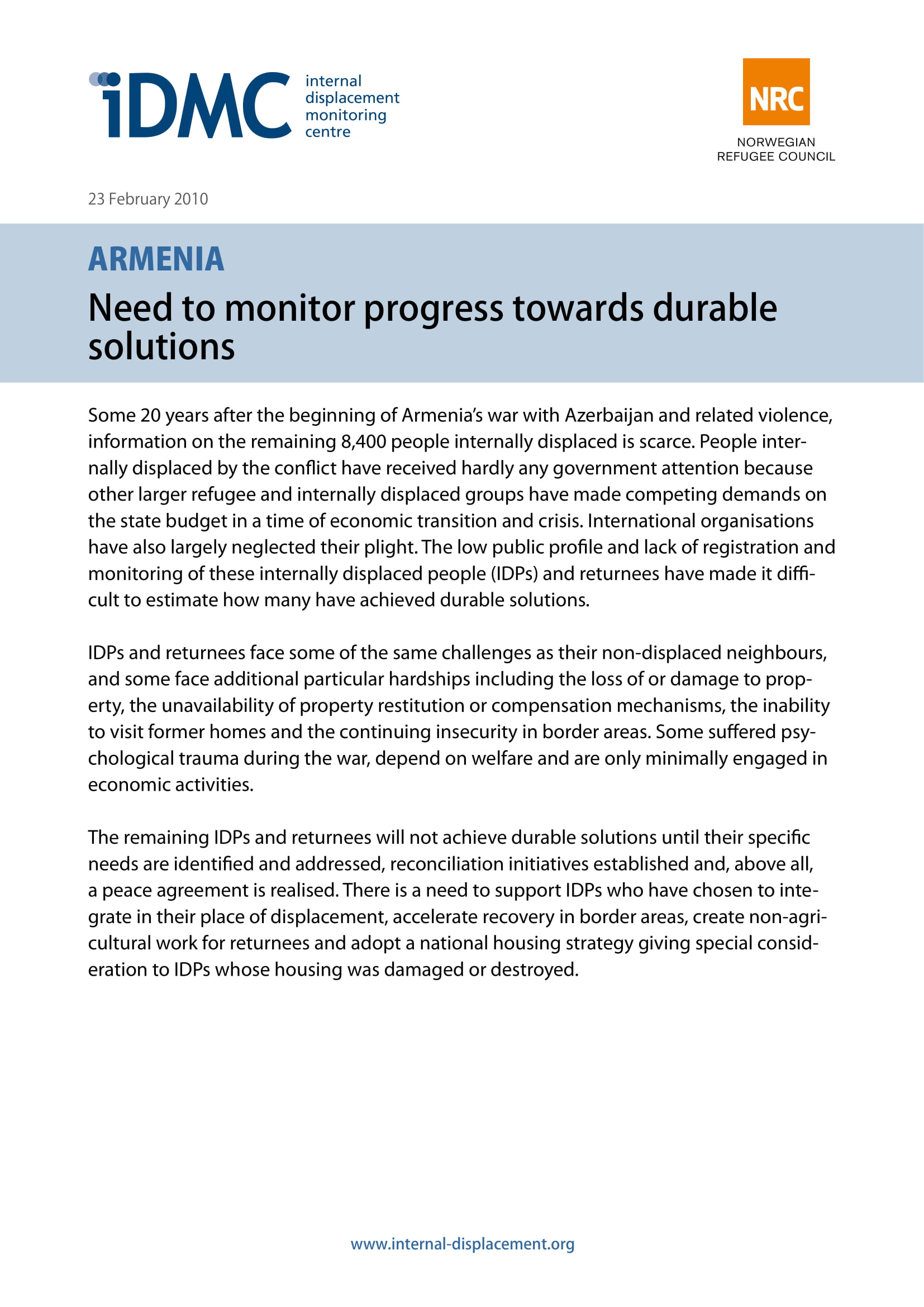 Armenia: Need to monitor progress towards durable solutions