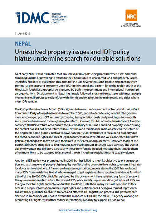 Nepal: Unresolved property issues and IDP policy hiatus undermine search for durable solutions