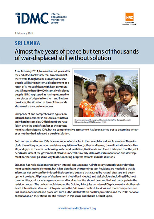 Sri Lanka: Almost ﬁve years of peace but tens of thousands of war-displaced still without solution