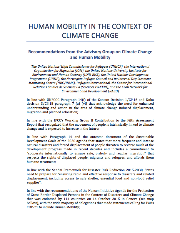 Human mobility in the context of climate change: recommendations from the Advisory Group on Climate