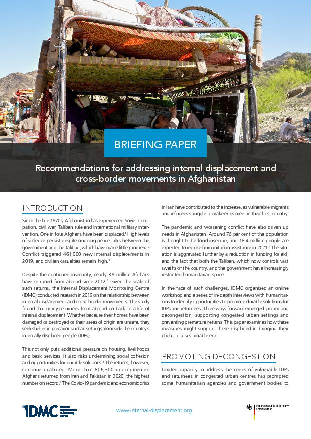 Recommendations for addressing internal displacement and cross-border movements in Afghanistan