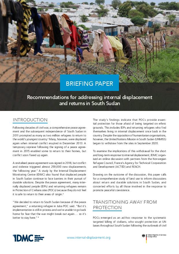 Recommendations for addressing internal displacement and returns in South Sudan
