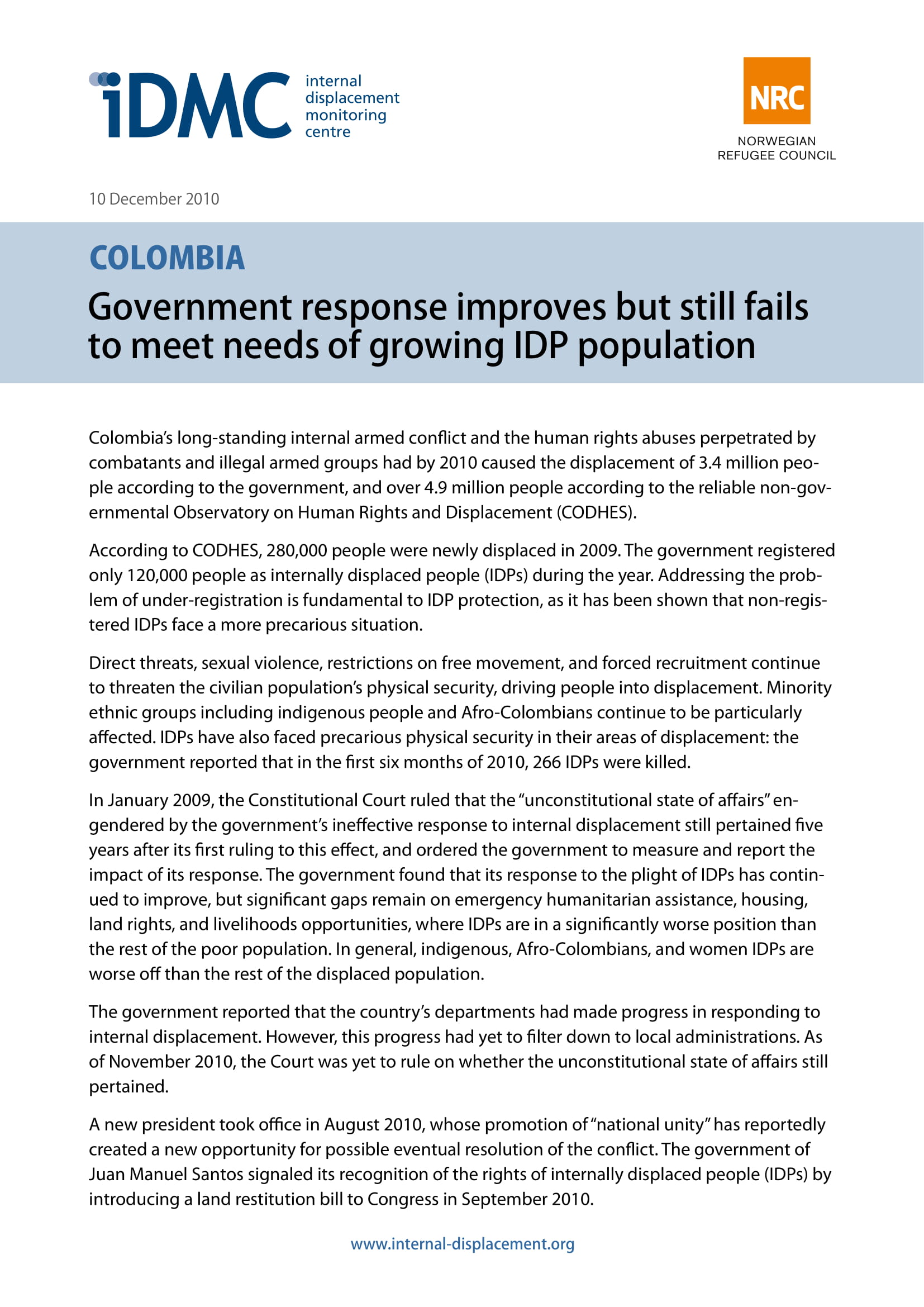 Colombia: Government response improves but still fails to meet needs of growing IDP population
