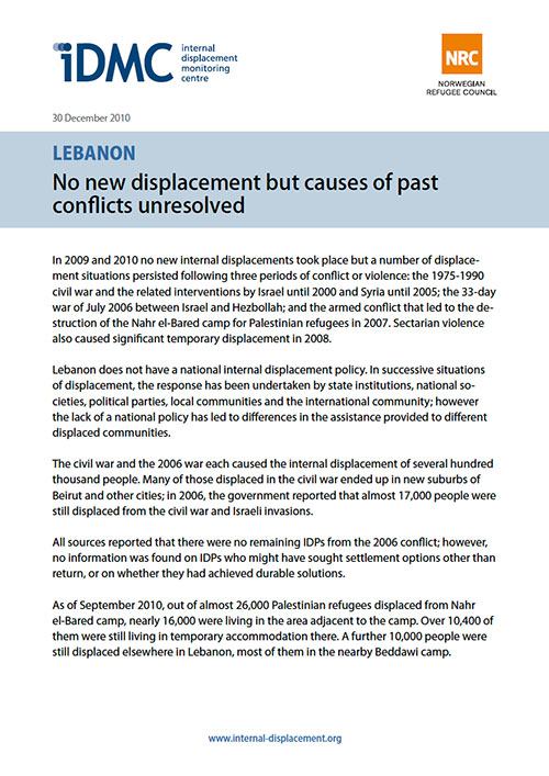 Lebanon: No new displacement but causes of past conﬂicts unresolved